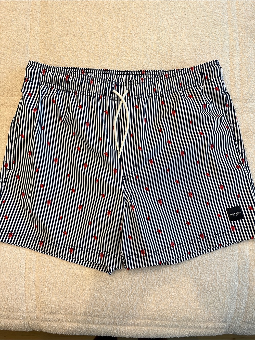 Jack & Jones Navy and White Striped Swim Trunks with Red Crab/Lobster Motif